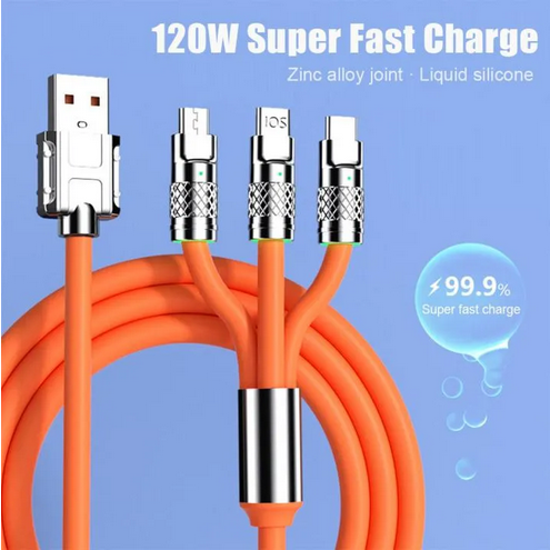 3 in 1 fast charging cable for iPhone iPad Android smart phone 1.2m 120W 6A USB type C silica gel charging cable