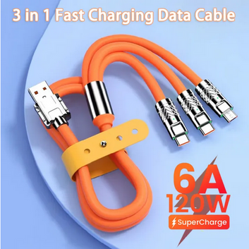 3 in 1 fast charging cable for iPhone iPad Android smart phone 1.2m 120W 6A USB type C silica gel charging cable